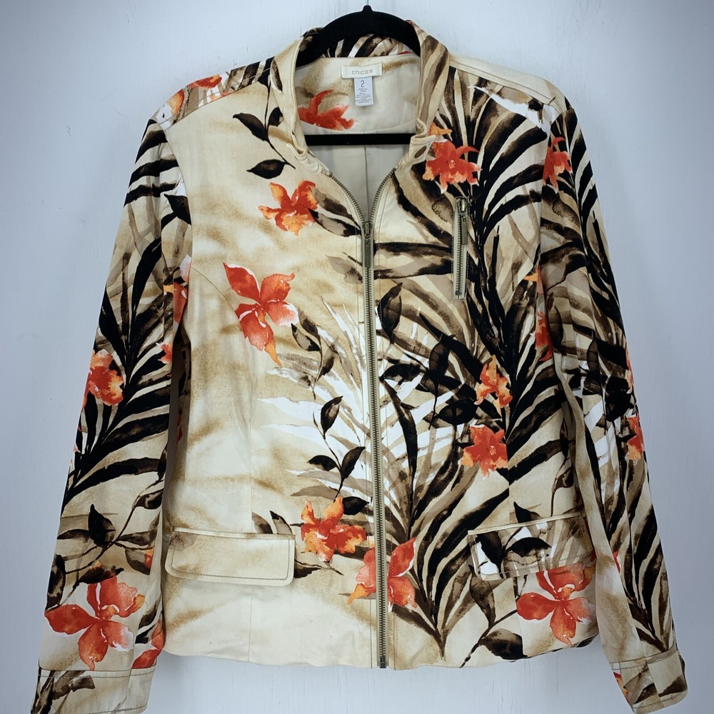 Chicos 2 Large Bomber Full Zip Jacket Artsy Print Multicolor Boho Floral Casual